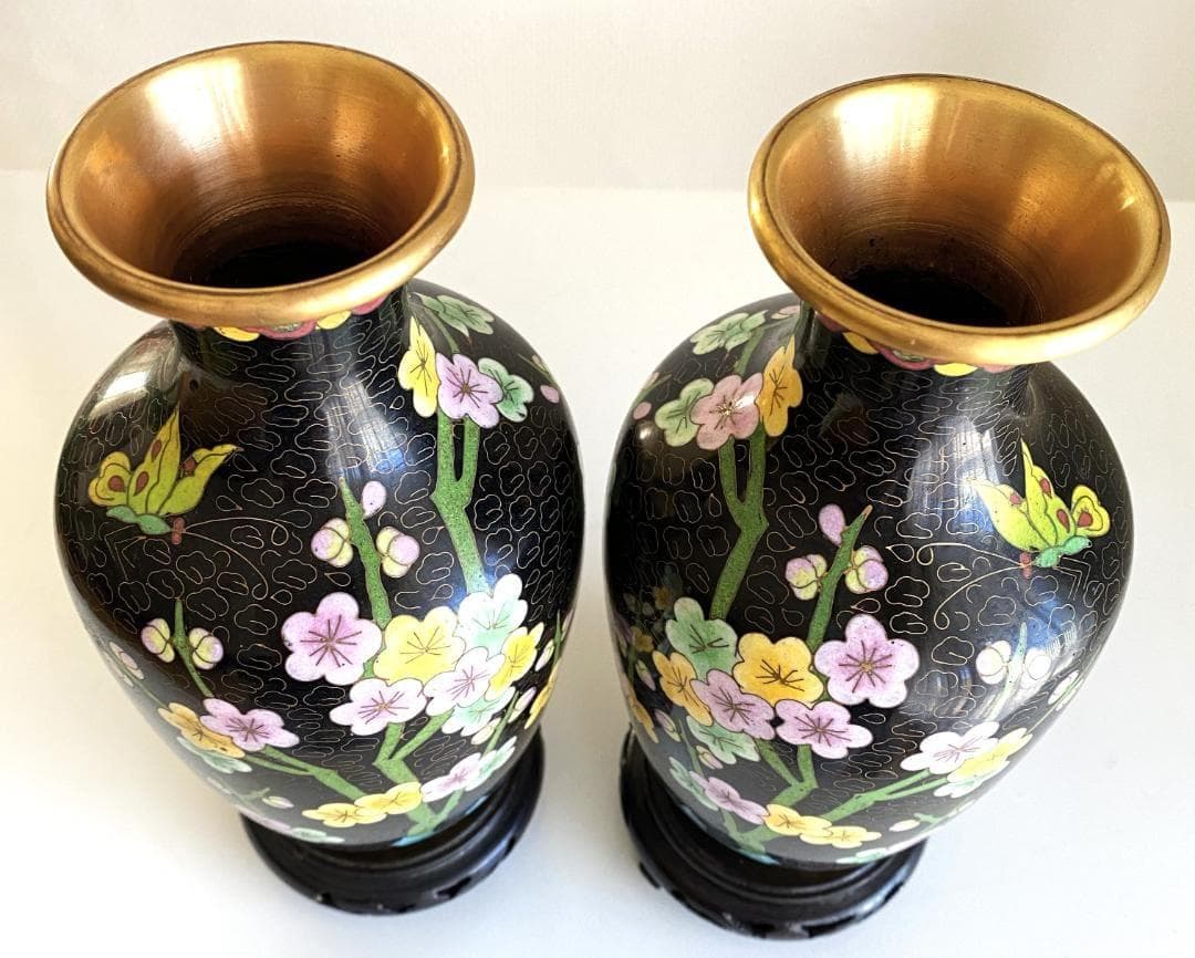 Vintage 花瓶 七宝焼 景泰藍 骨董品 花器 陶器 2個セット 台座付き