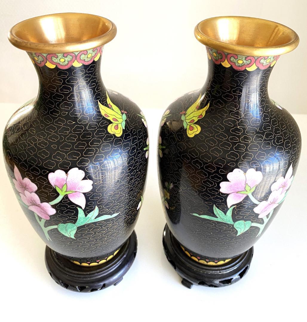 Vintage 花瓶 七宝焼 景泰藍 骨董品 花器 陶器 2個セット 台座付き