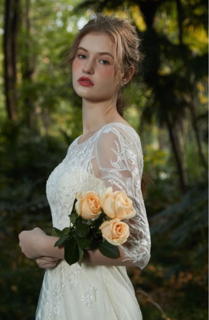 刺繍レース 七分袖 Aラインドレス