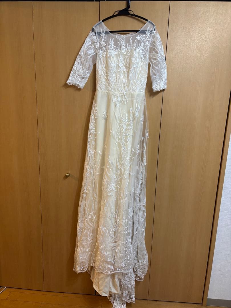 刺繍レース 七分袖 Aラインドレス