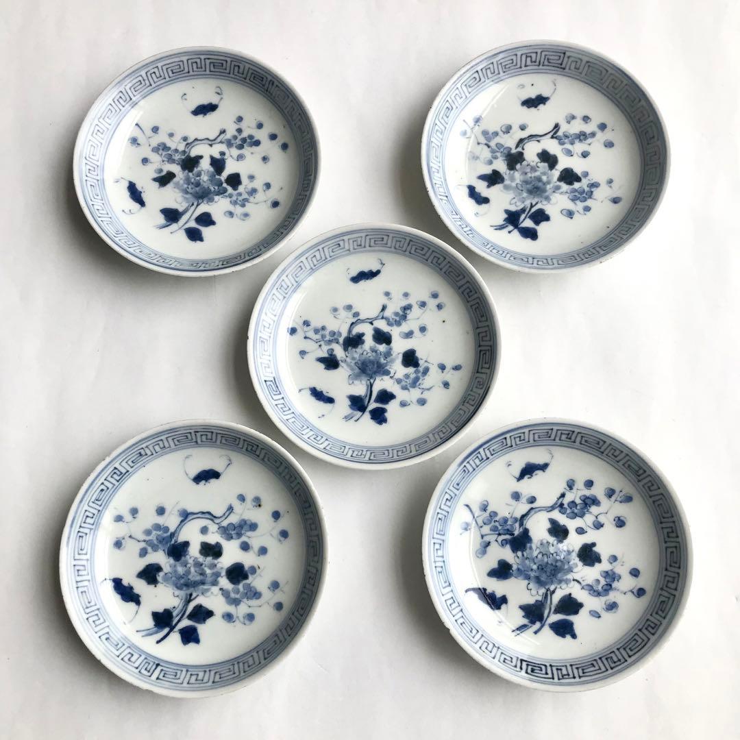 江戸後期 希少 亀山焼 染付 梅牡丹 蝙蝠文 小皿×5客セット - メルカリ