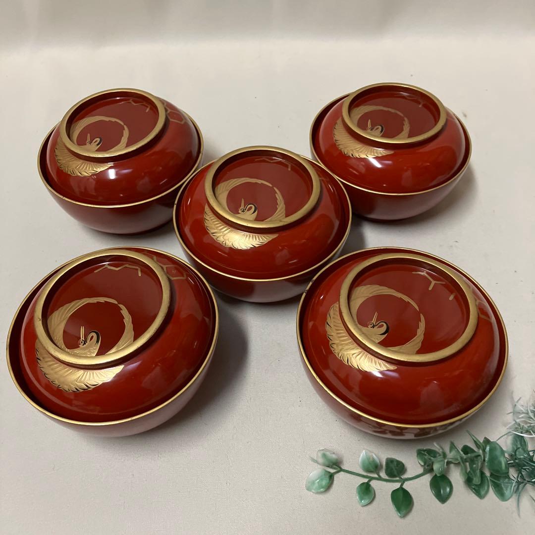 江戸時代 輪島塗 菓子椀 蓋付汁椀 5客 沈金蒔絵 木製漆器 漆 鶴 木箱付