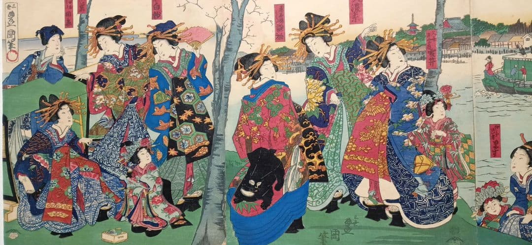 浮世絵版画、全盛楼花見夕栄（蒸気船)三枚綴り、景色昇斎画、人物三世