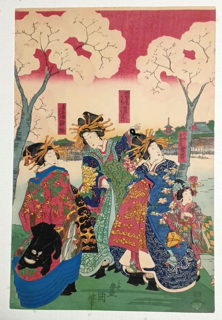 浮世絵版画、全盛楼花見夕栄（蒸気船)三枚綴り、景色昇斎画、人物