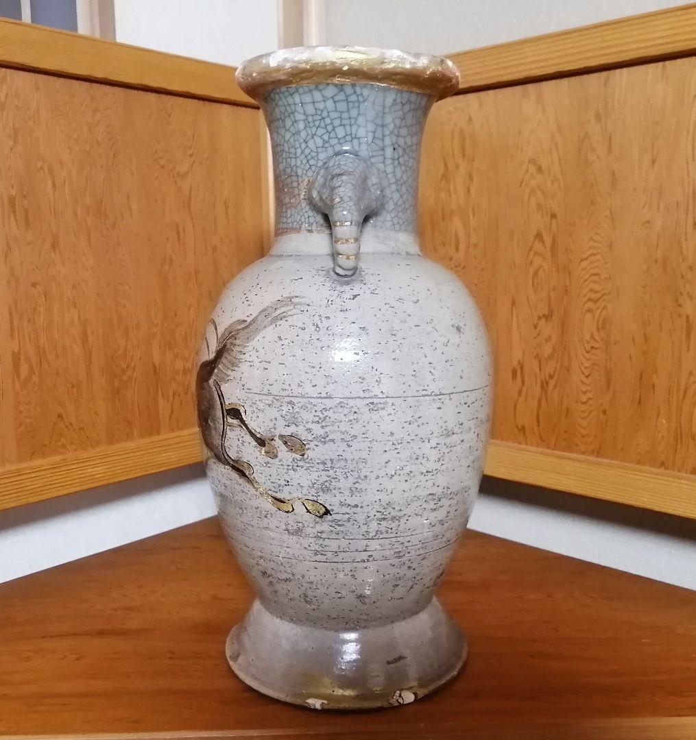 相馬焼　双駒　金彩　双耳大花瓶　希少品　大正期頃　高さ約34cm　骨董　古美術