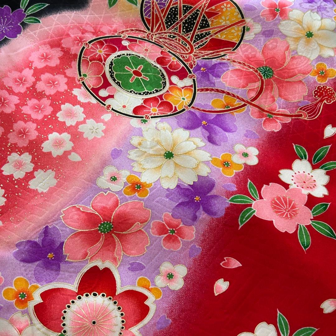 正絹　七五三 女の子7歳着物・帯セット　黒　レトロ　アンティーク