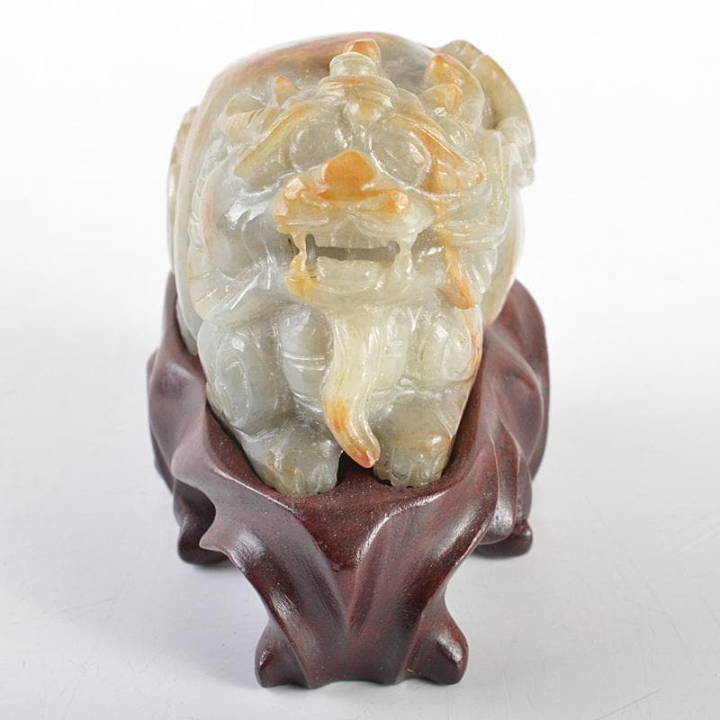 中国 玉石彫刻 神獣 紙鎮 置物 唐木台付 C R5414
