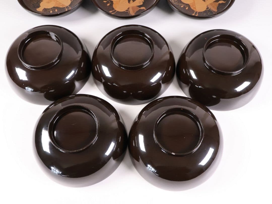 MB191】輪島塗 宝尽くし金蒔絵 黒塗椀 五客 天然木漆塗 大正昭和 茶