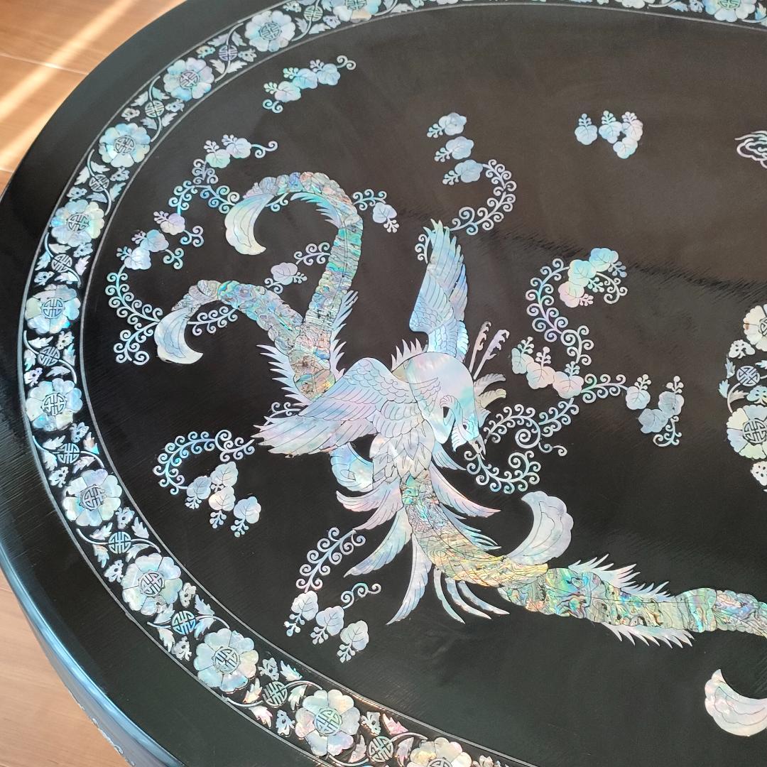 ☆豪華な鳳凰アート 螺鈿細工 鳳凰 座卓テーブル 黒漆塗 T1