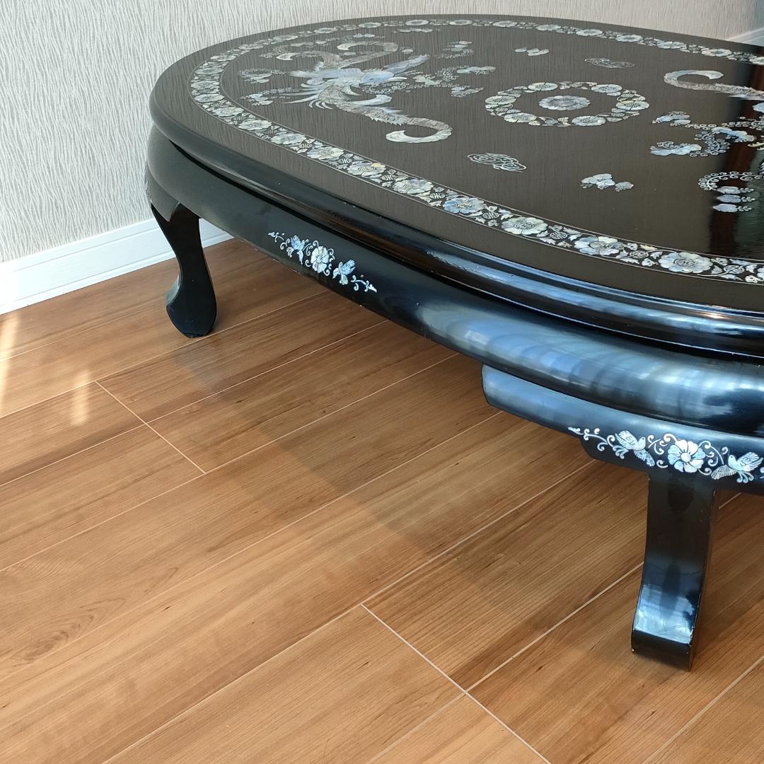 ☆豪華な鳳凰アート 螺鈿細工 鳳凰 座卓テーブル 黒漆塗 T1