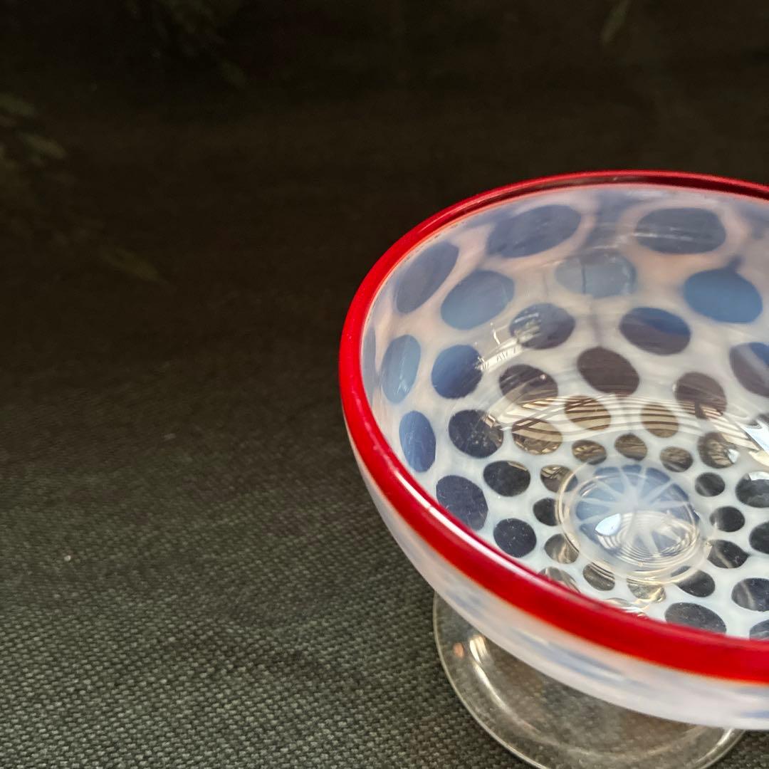 希少 アンティーク 赤縁乳白水玉 氷コップ ヴィンテージ ガラス 昭和