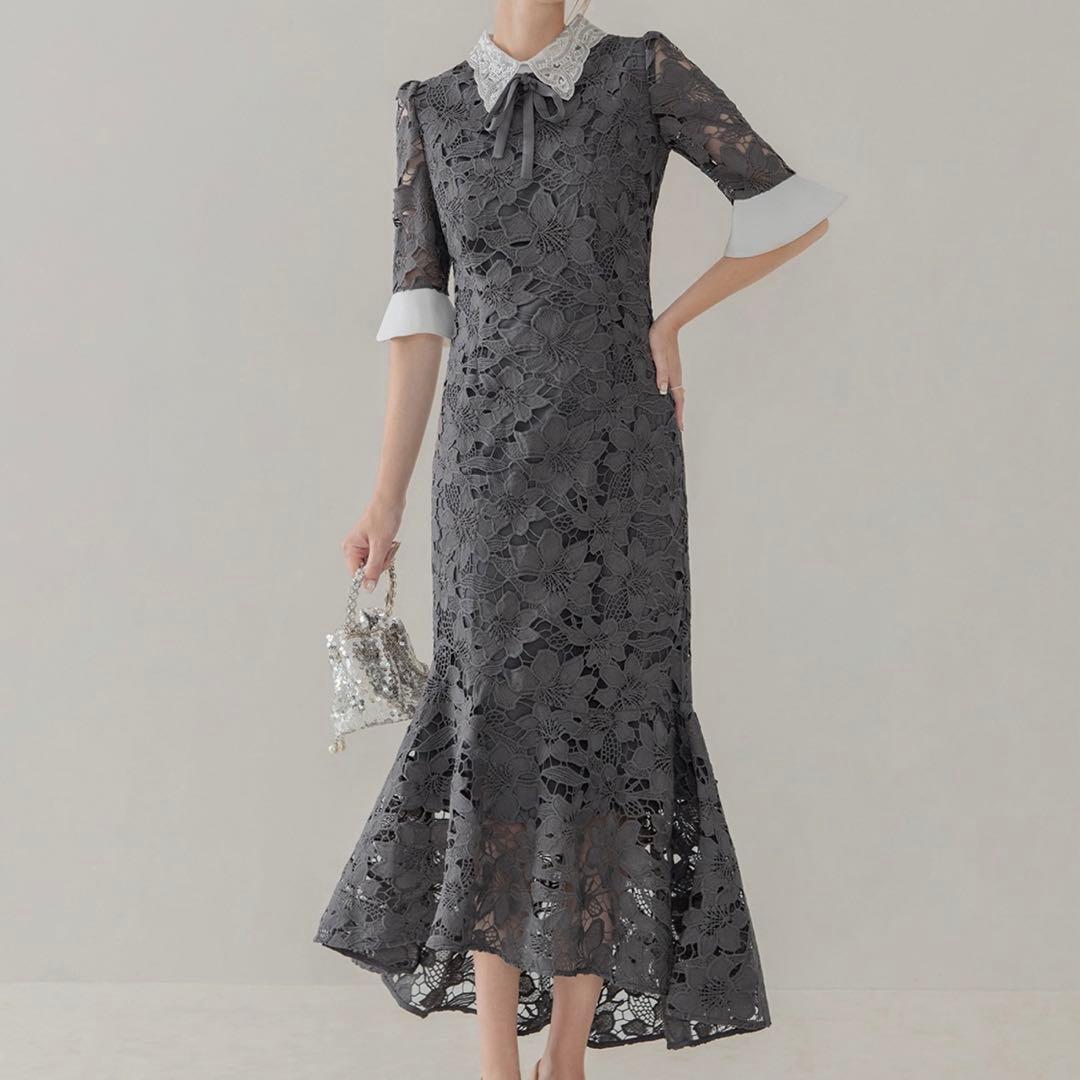 LEJA パールカラーボウタイフラワーレースフィッシュテールワンピースドレス