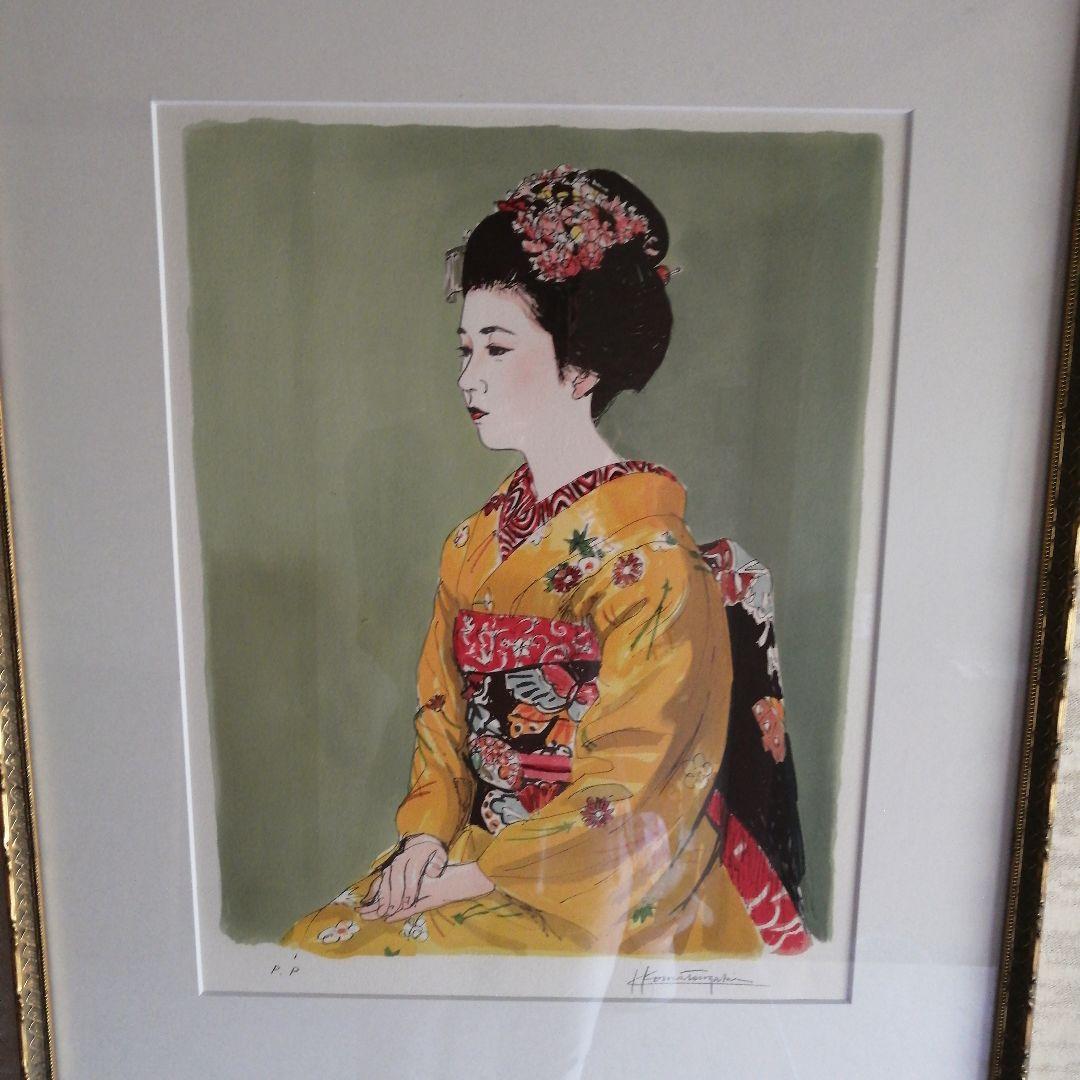 控えの舞妓 金色フレーム 小松崎邦雄作 リトグラフ ビンテージ品