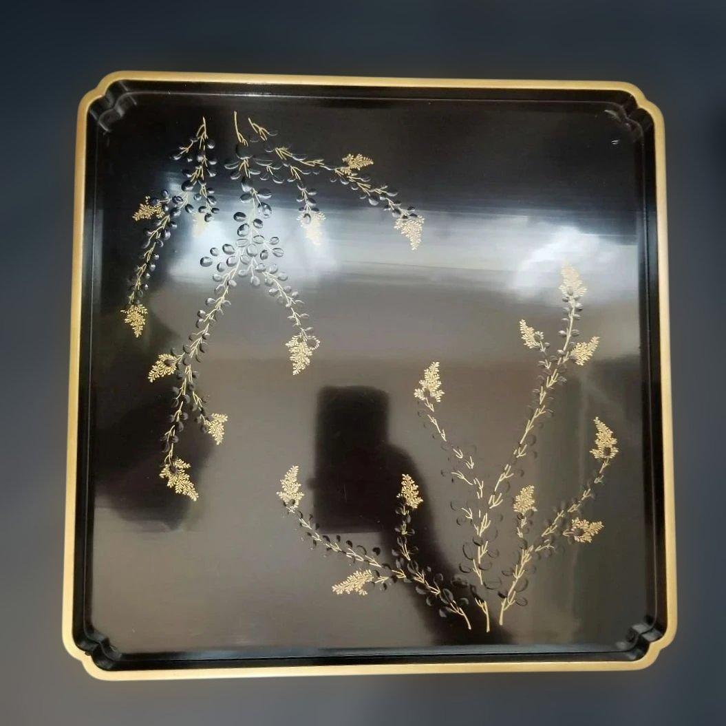 能登輪島塗　時代漆塗 膳 黒地 萩金蒔絵金　漆器　お膳　2客