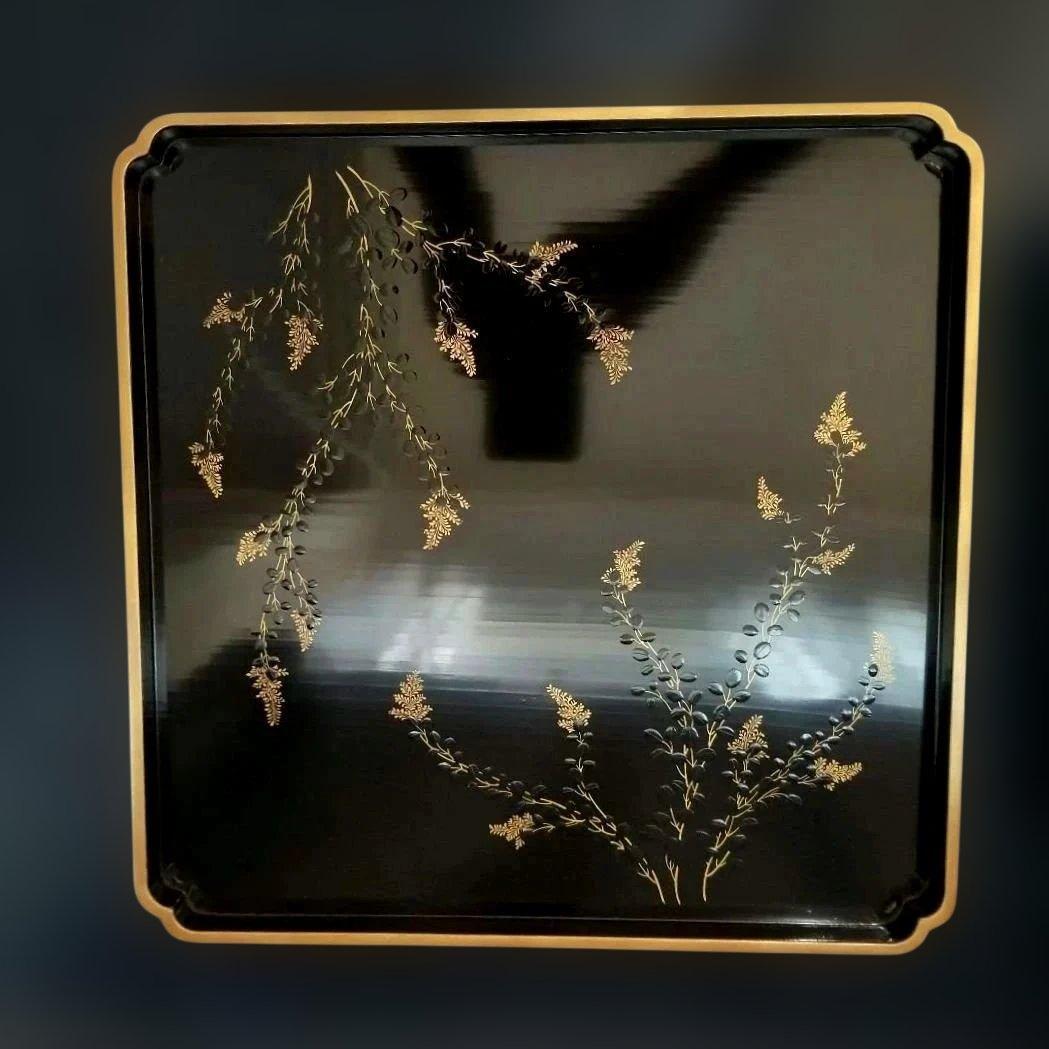 能登輪島塗　時代漆塗 膳 黒地 萩金蒔絵金　漆器　お膳　2客