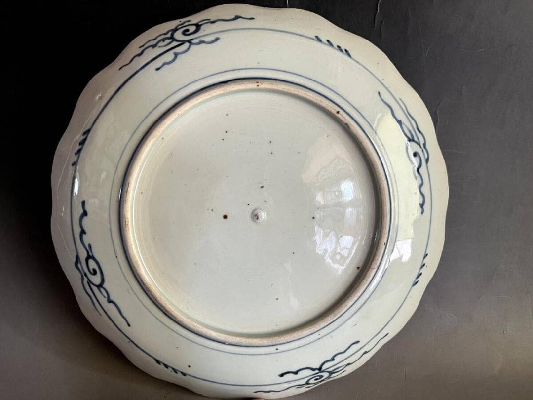 大皿■青海波 日の出 染付夫婦岩 花弁型皿(明治～大正期)古伊万里 時代物 骨董