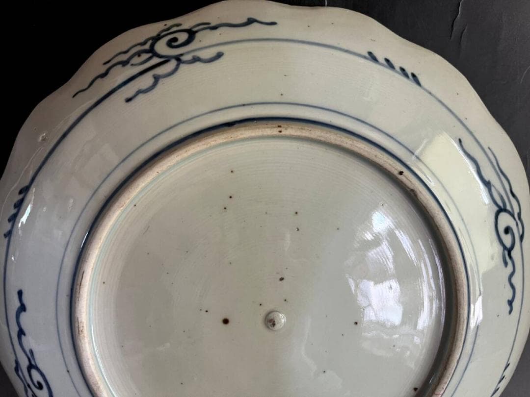 大皿■青海波 日の出 染付夫婦岩 花弁型皿(明治～大正期)古伊万里 時代物 骨董