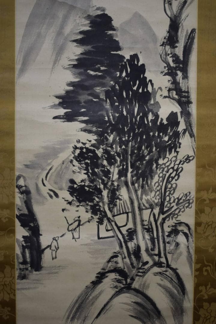 真作/頼支峰/山水人物画賛/絹表装/布袋屋掛軸HH-793