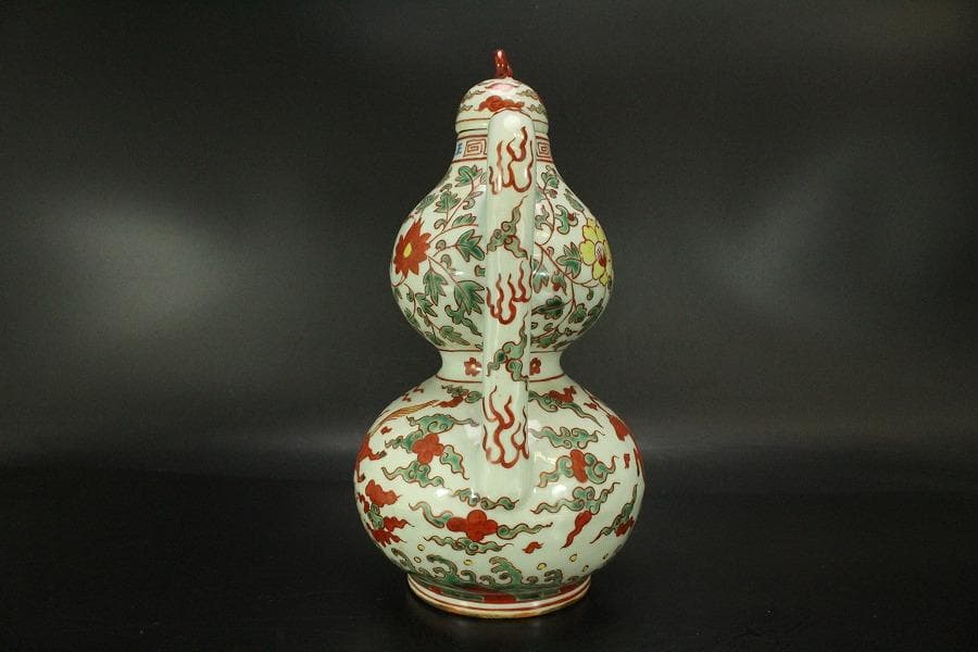 中国美術 赤絵 纏枝蓮花馬紋 瓢形 注瓶 高28cm(LC534)