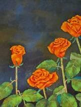 【真作】絵画　原よしえ　日本画6号　蒼に咲くバラ　深藍に映える橙の花々　W107