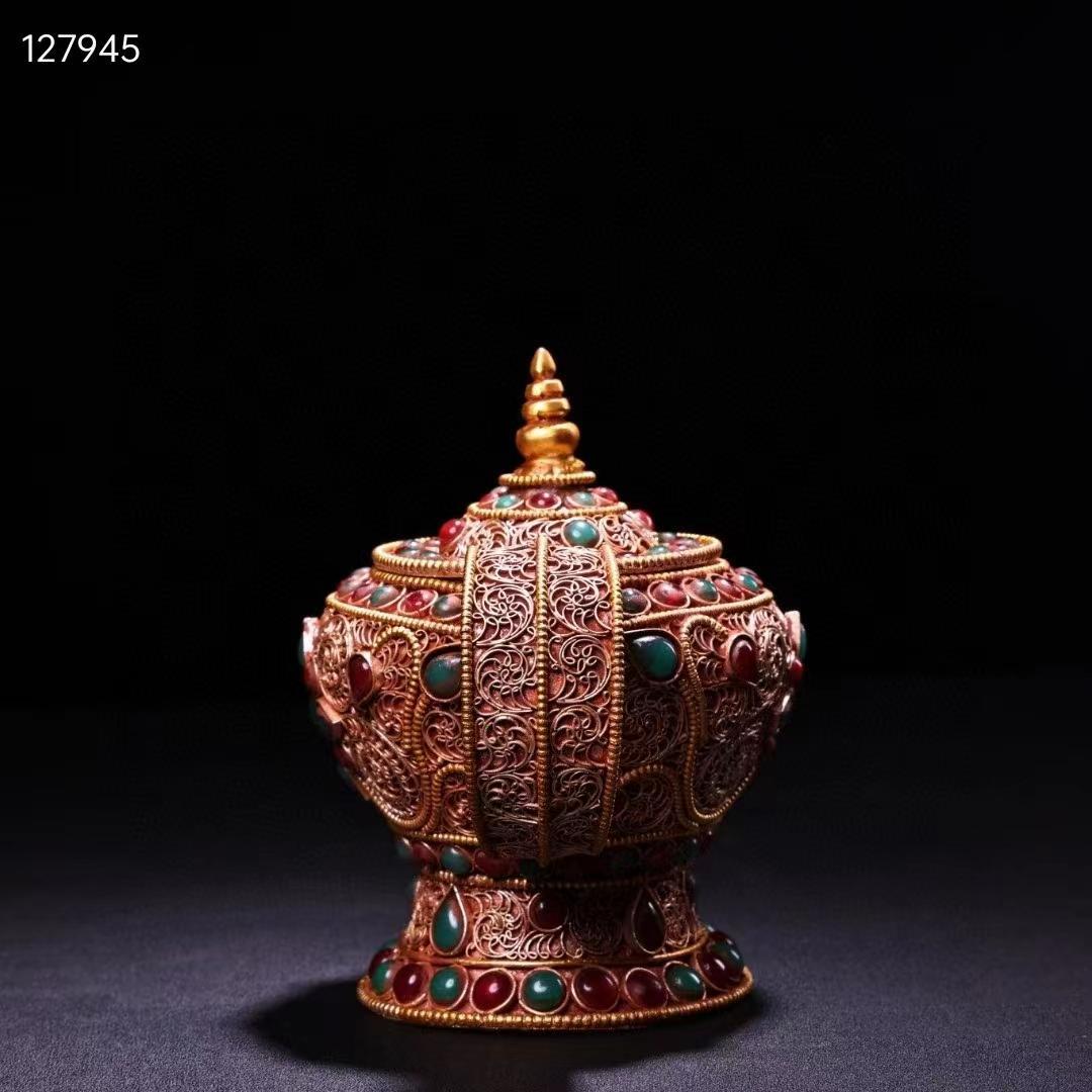 中国古美術・旧蔵收・純手作り・花糸古銅彫塗金宝石嵌