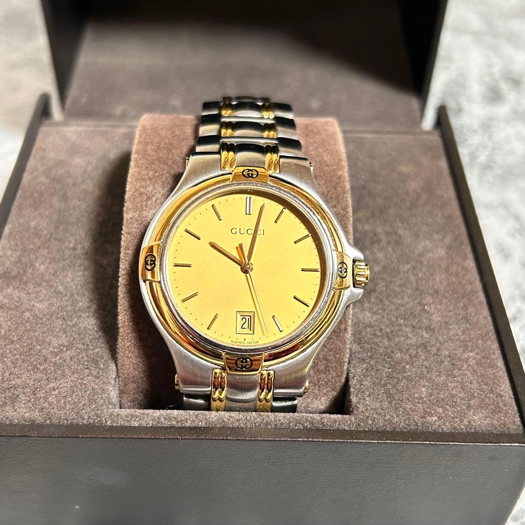 美品】GUCCI グッチ レディース 腕時計 9040L 金色文字盤 コンビ