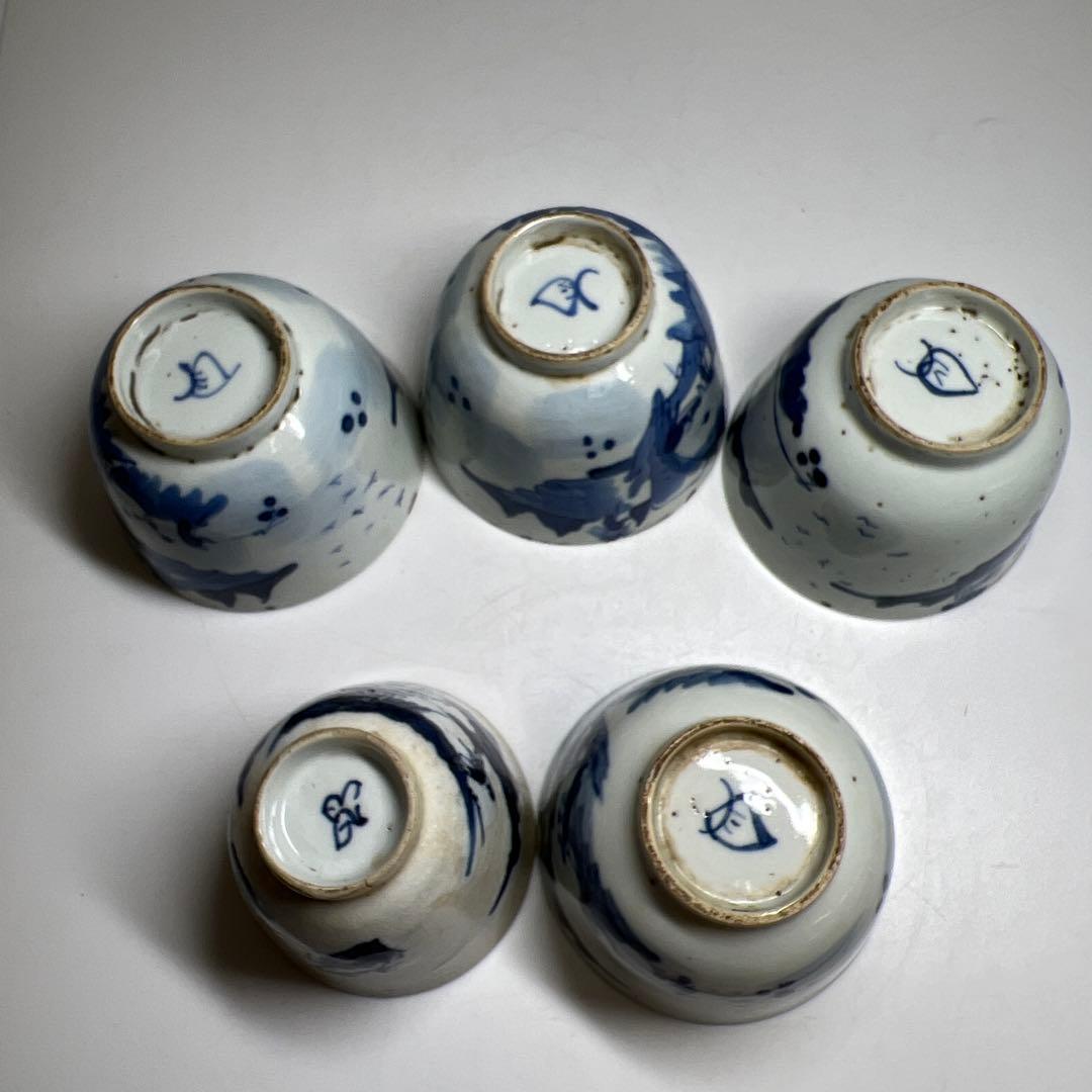 中国清朝時代 新渡青花煎茶碗5点 木箱付 東Y7-1003