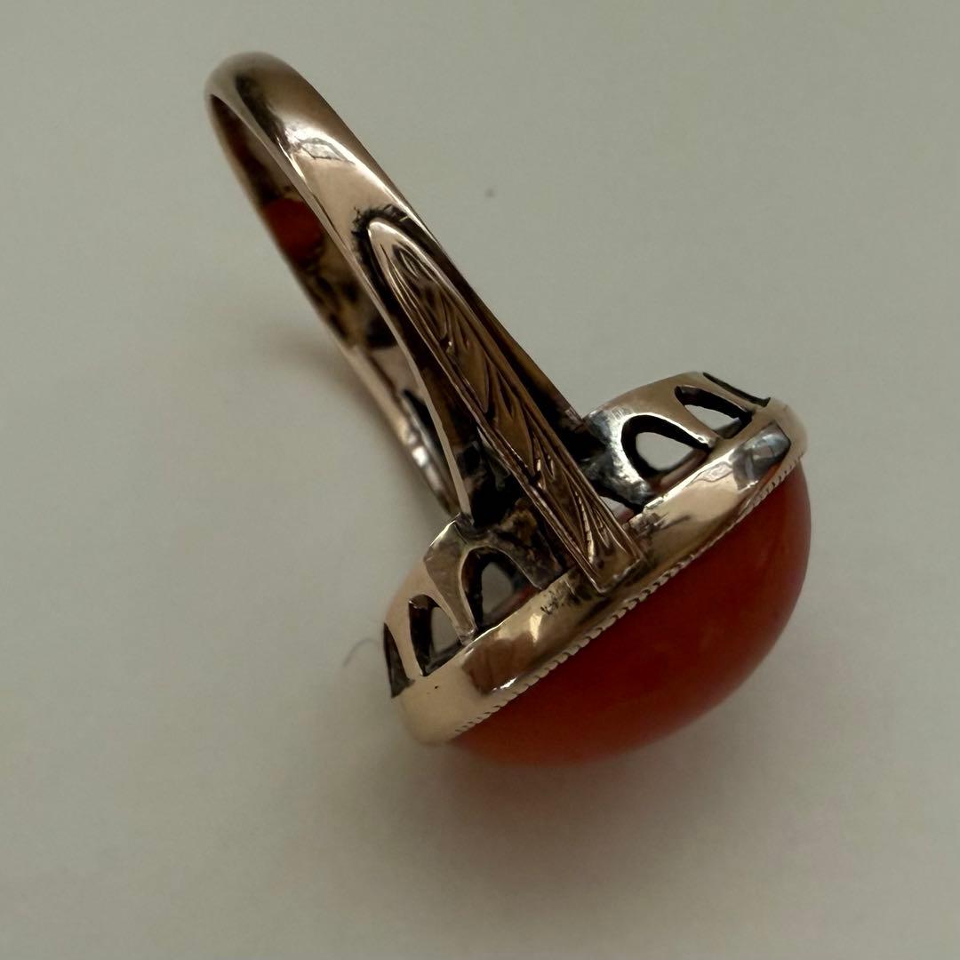 専用アンティークK14YG珊瑚サンゴリング ミルグレインに手彫り 色の