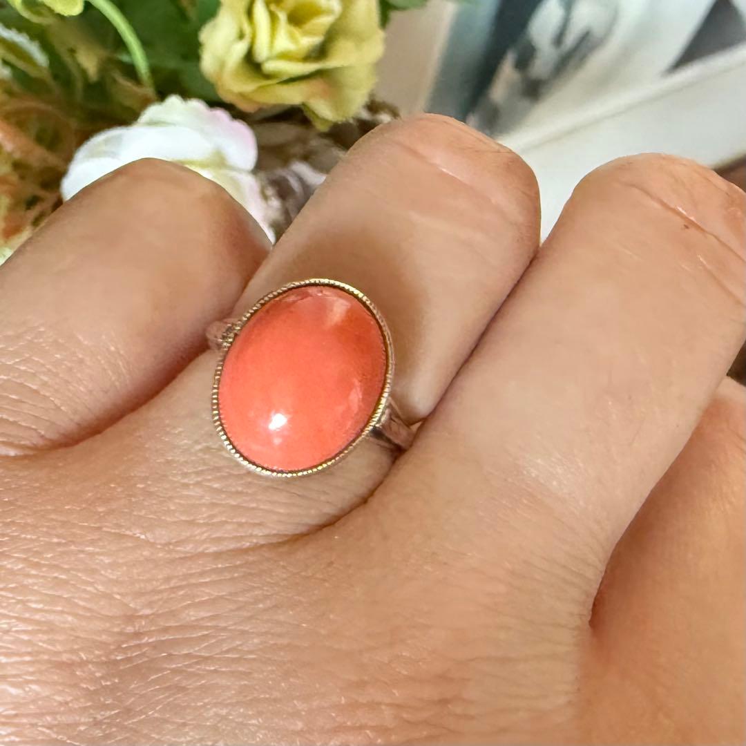 専用アンティークK14YG珊瑚サンゴリング ミルグレインに手彫り 色の