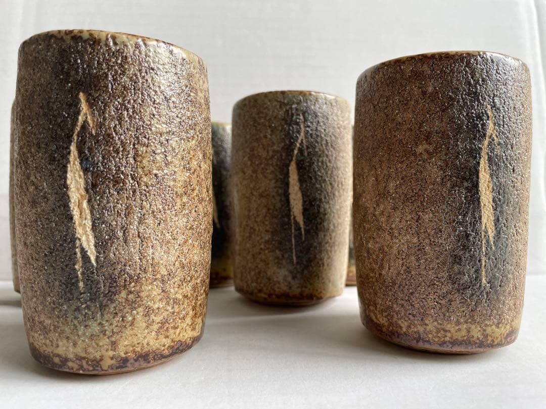 河本五郎　灰釉鳥紋　汲出碗　6客揃い