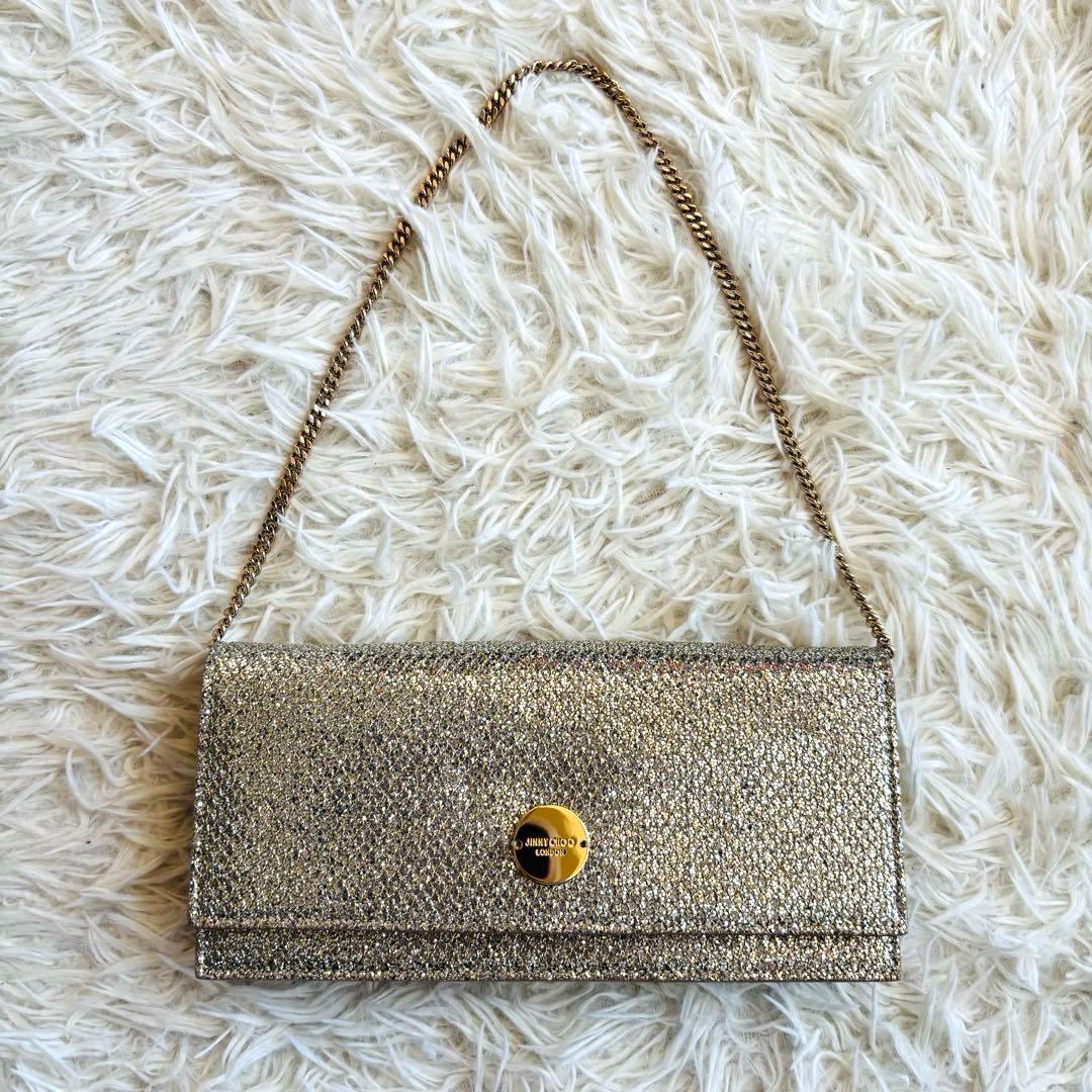ジミーチュウ パーティバッグ グリッターラメ チェーン ゴールド金具 肩掛け可能