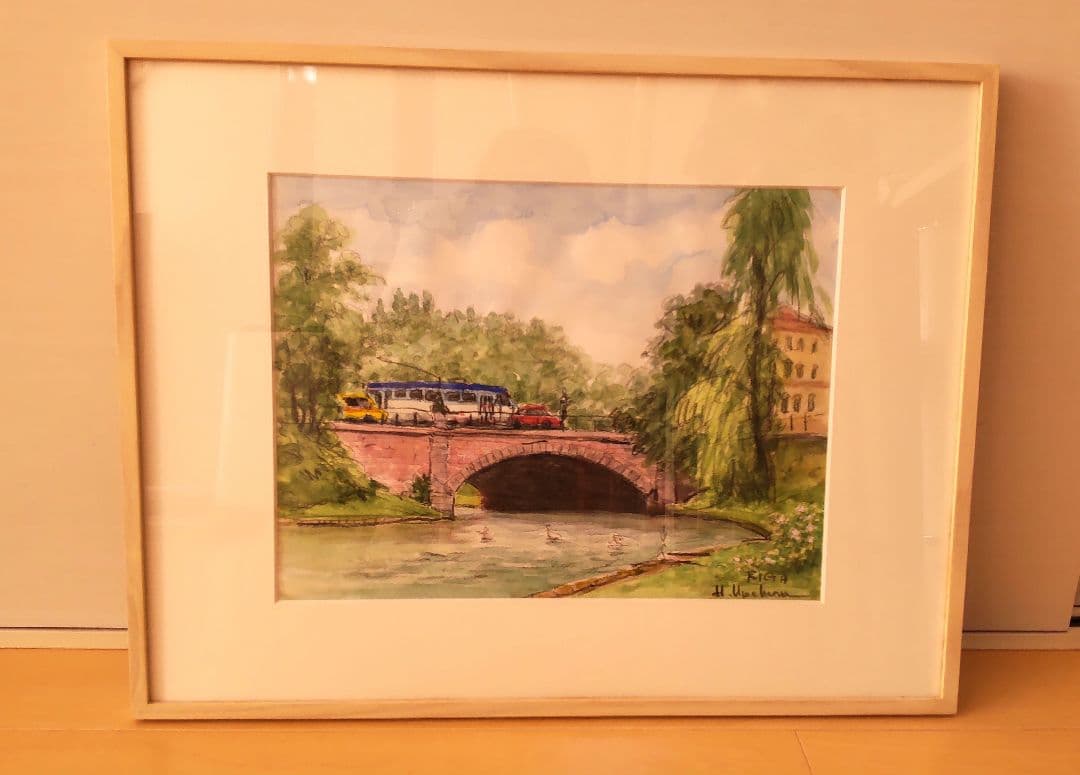 肉筆 梅原宏夫 リーガの森と電車 水彩画 風景画