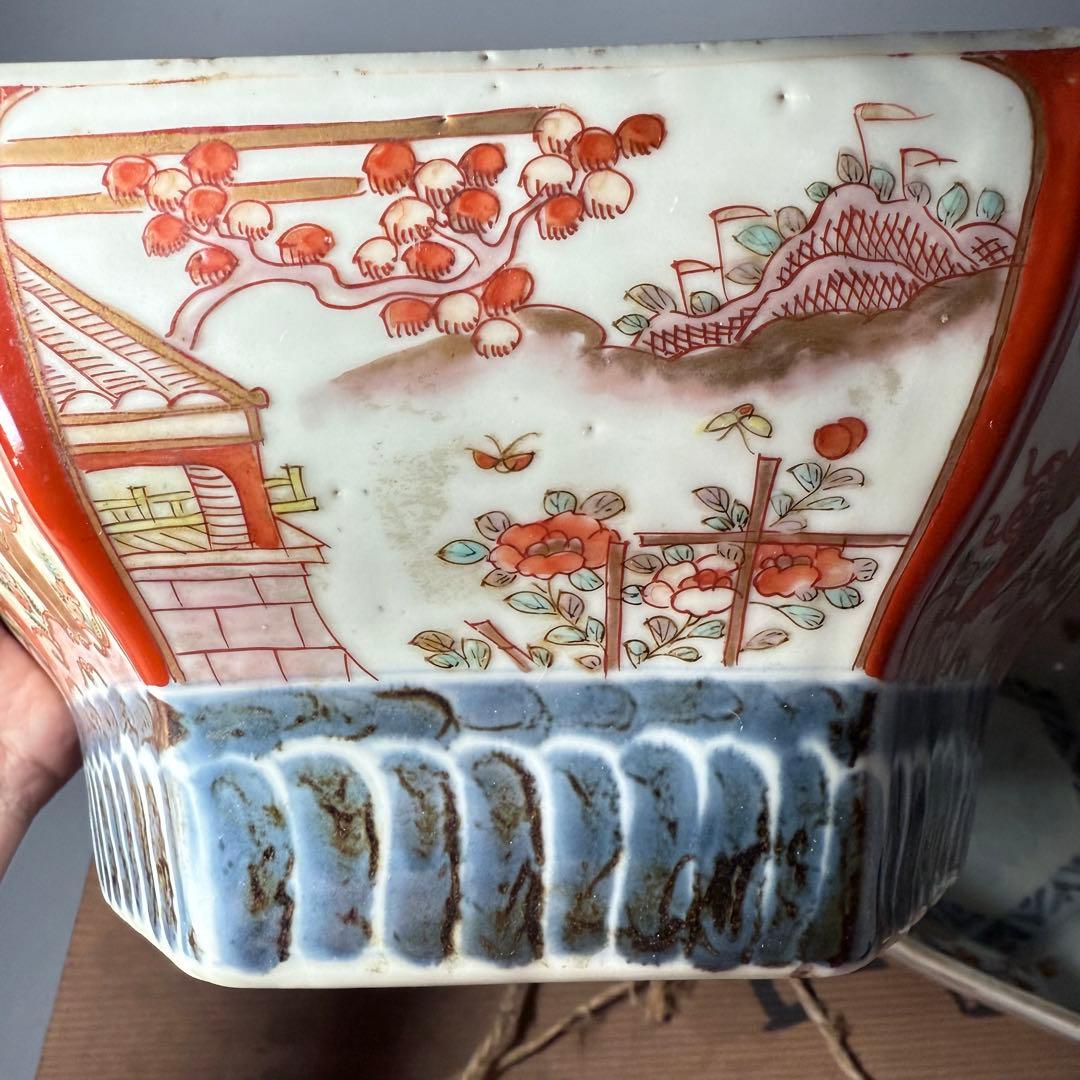 江戸後期〜明治時代 色絵松竹梅鳥賢人図六角鉢 共箱 古美術