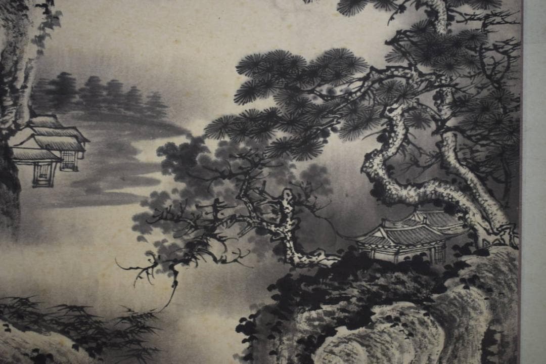 真作/月敬濤/楼閣山水画賛/布袋屋掛軸HG-685