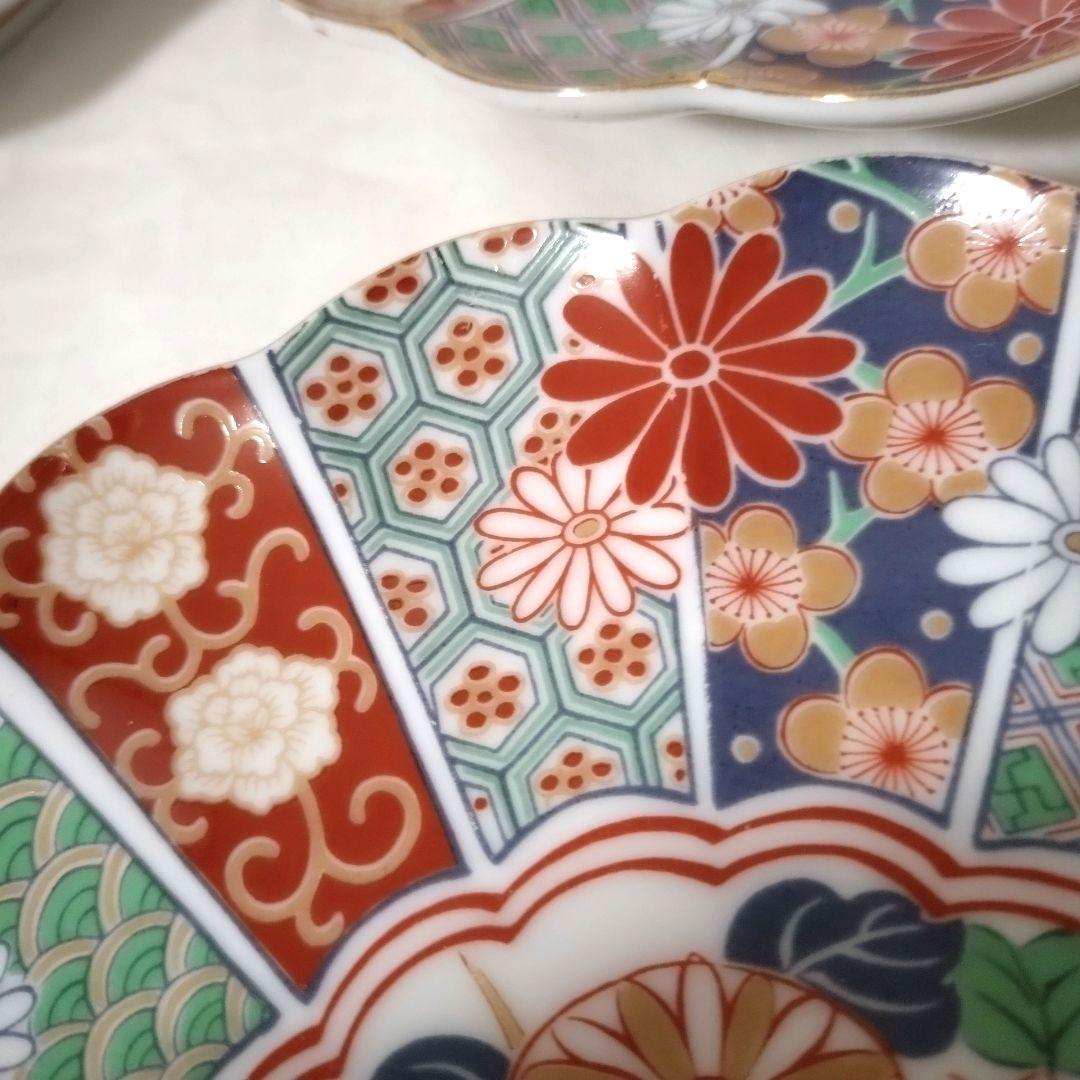 未使用品 有田焼 陶扇 銘々皿 4枚 中皿 菊割皿 錦絵