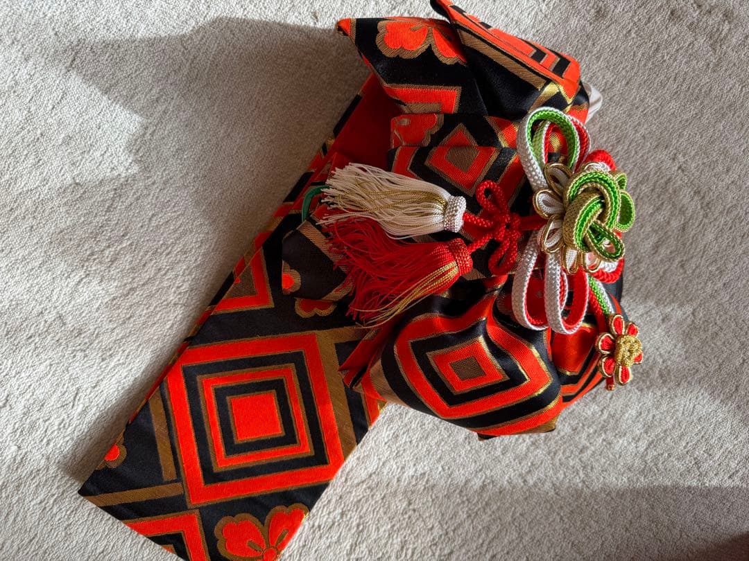 七五三 7歳用子ども着物&帯セット 赤 花柄 昭和レトロ