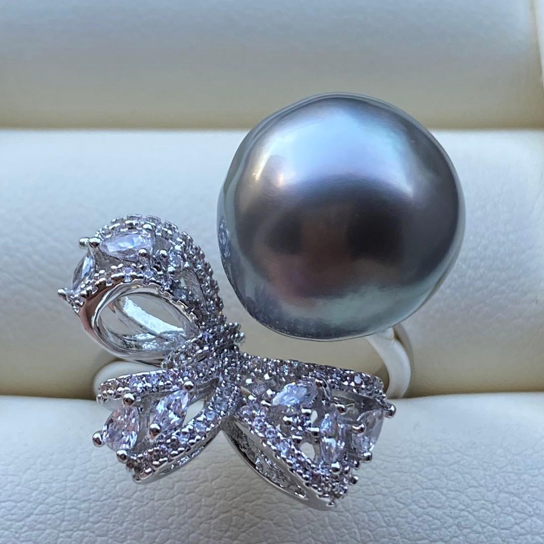 本真珠　南洋黒蝶真珠タヒチパールリング　14*13.5mmグレーグリーンL981