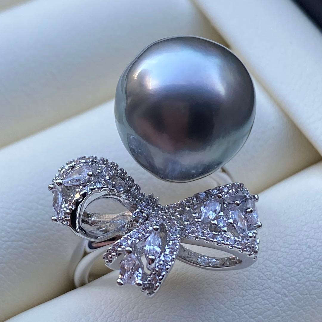 本真珠　南洋黒蝶真珠タヒチパールリング　14*13.5mmグレーグリーンL981