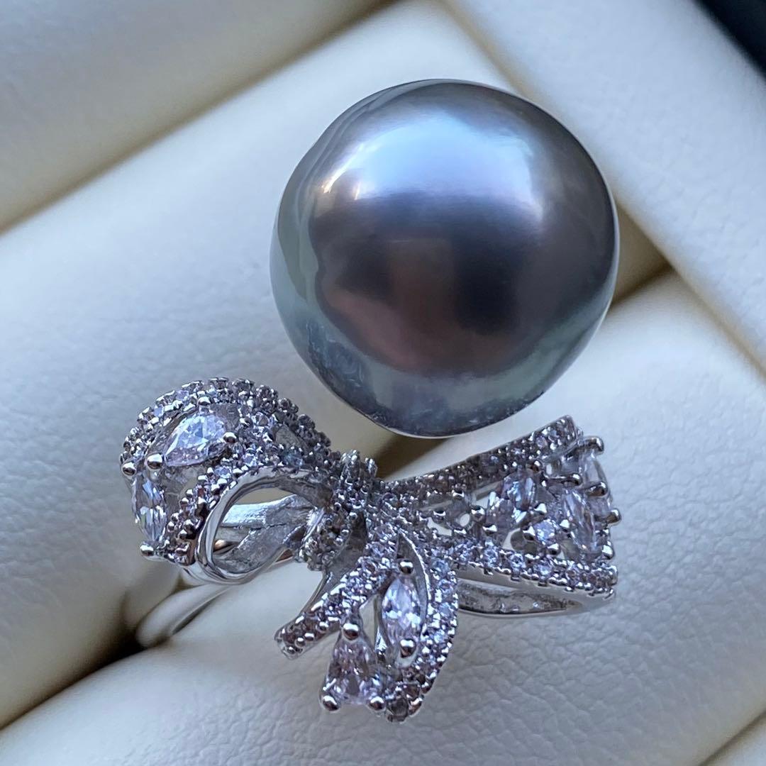 本真珠　南洋黒蝶真珠タヒチパールリング　14*13.5mmグレーグリーンL981