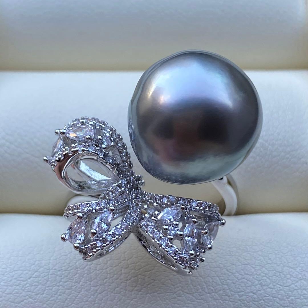 本真珠　南洋黒蝶真珠タヒチパールリング　14*13.5mmグレーグリーンL981