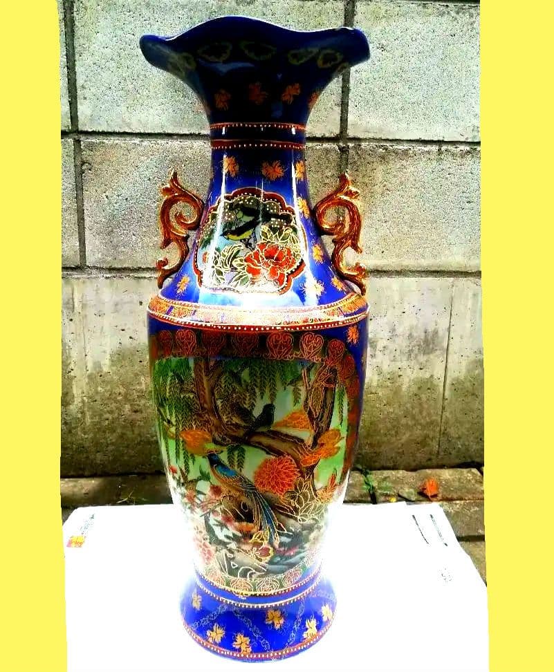 大型花瓶 中国美術 陶器 青 花器 壺 花入れ 双耳壺 飾壺 金色 中国製