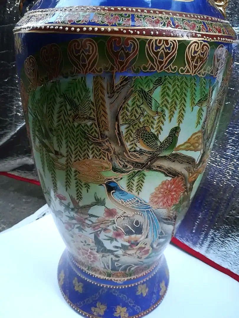 大型花瓶 中国美術 陶器 青 花器 壺 花入れ 双耳壺 飾壺 金色 中国製