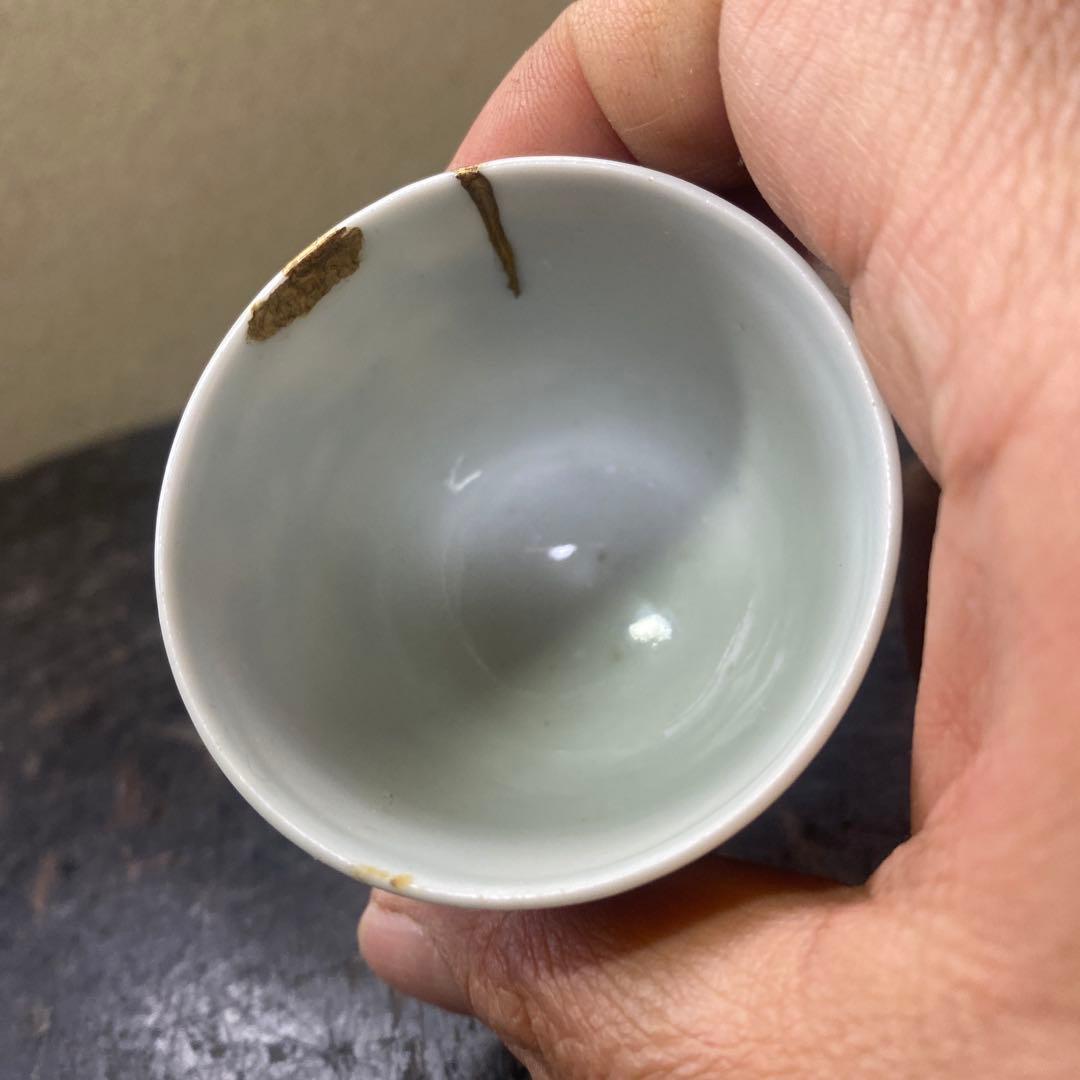 中国古玩　染付魚泳図杯　4.5cm4cm