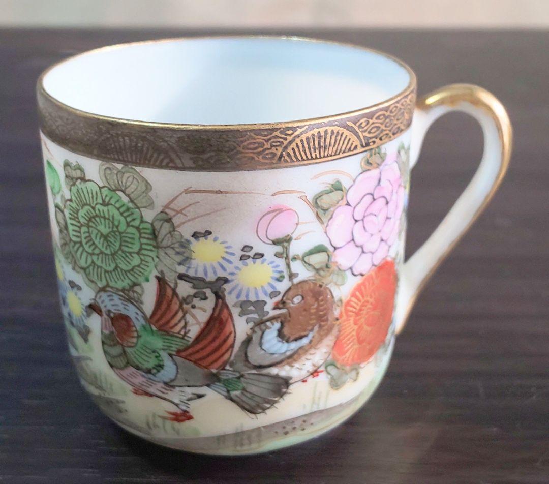 九谷焼 大正時代 金彩花鳥富士模様柄 ティーセット 6客8点セット 陶磁器