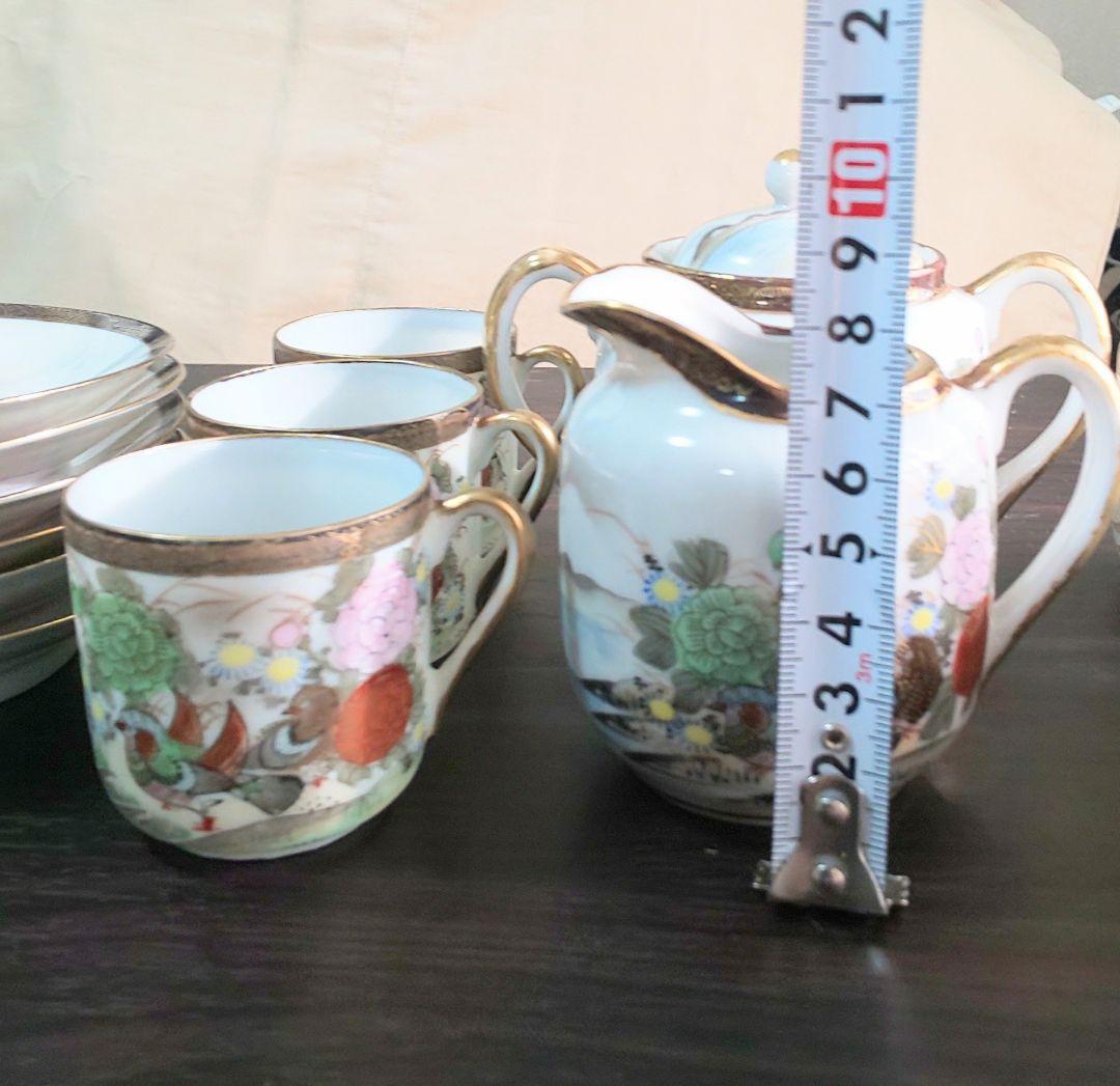 九谷焼 大正時代 金彩花鳥富士模様柄 ティーセット 6客8点セット 陶磁器