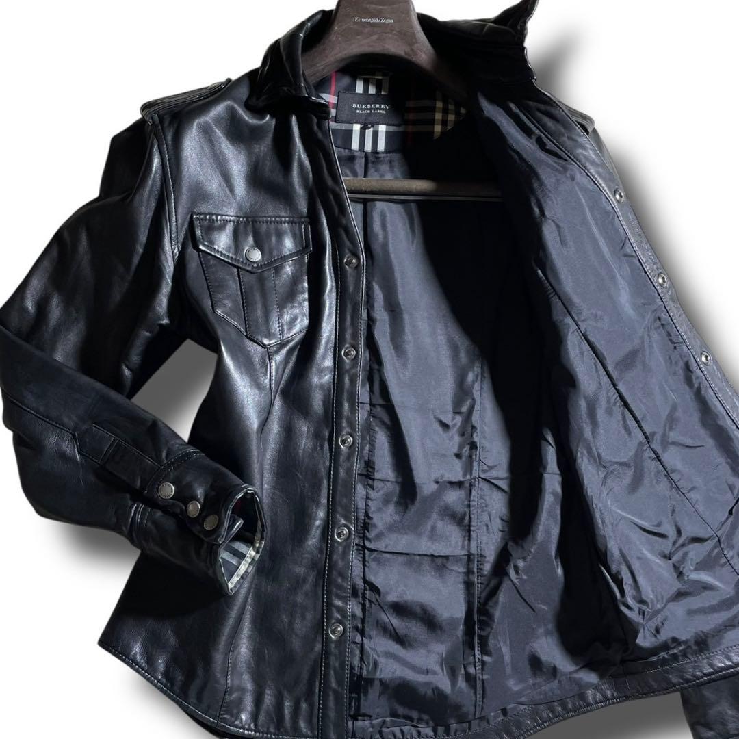 ①バーバリーブラックレーベル レザージャケット ノバチェック 羊革 黒