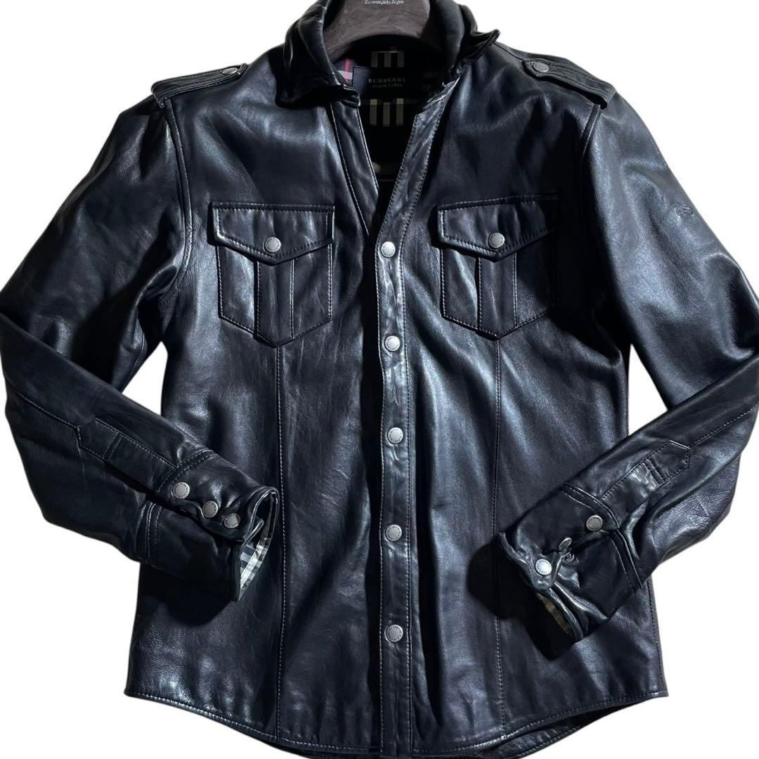 ①バーバリーブラックレーベル レザージャケット ノバチェック 羊革 黒