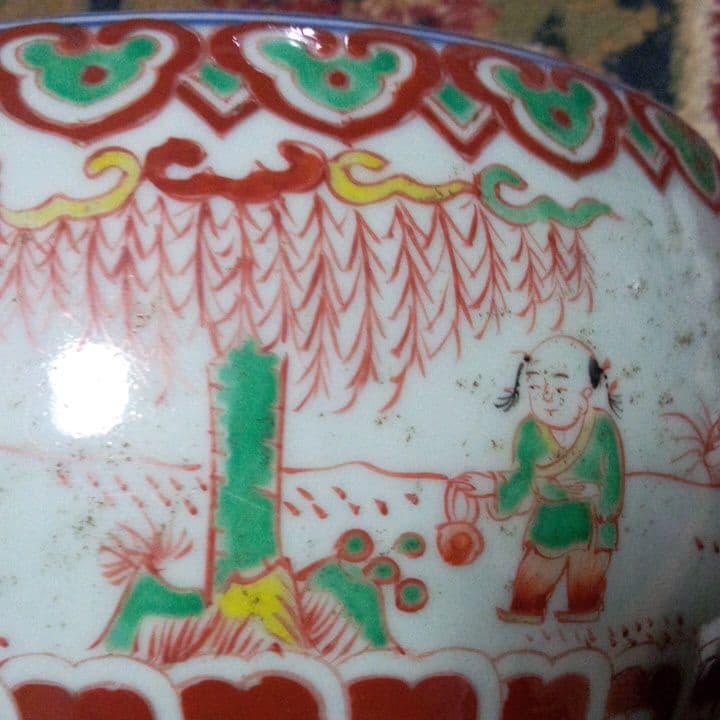 中国陶磁器 明赤絵唐子 硯 中国陶磁器 明赤絵唐子 硯