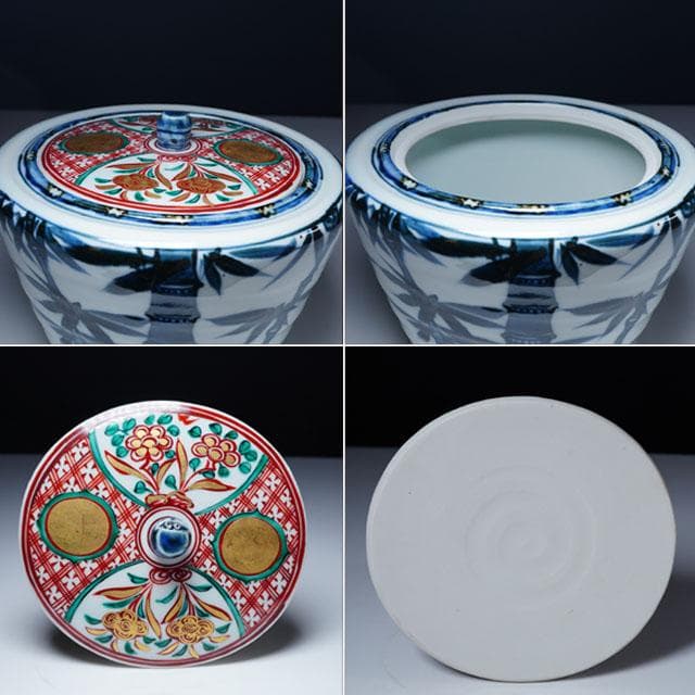 真葛香斎染付竹絵水指赤絵蓋添う共箱茶道具京焼古染付写