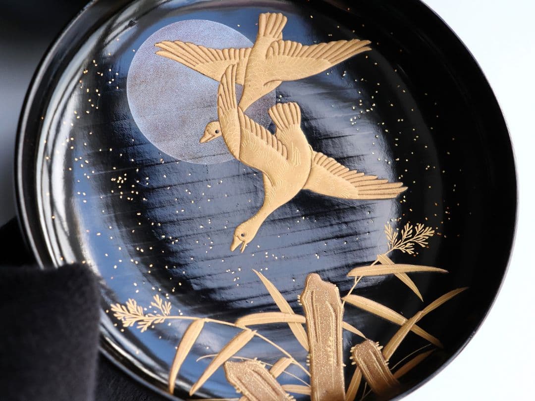 CL64 加賀蒔絵 月に雁 金蒔絵 黒塗煮物椀 五客 木製漆器 梨地 鳥 芦